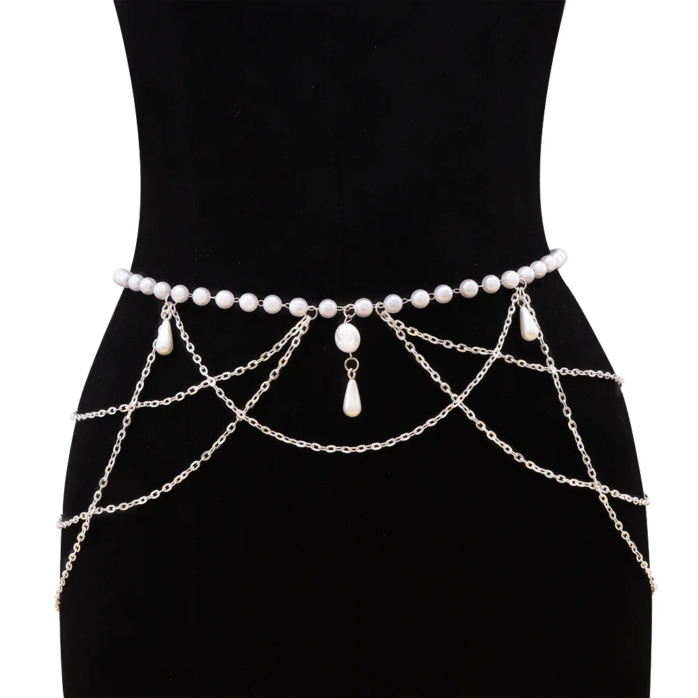 New Vintage Multi layer Chain Belt Fashion Versatile Womens Faux Pearl Tassel Waist Chain