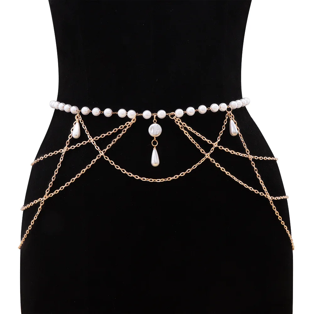 New Vintage Multi layer Chain Belt Fashion Versatile Womens Faux Pearl Tassel Waist Chain