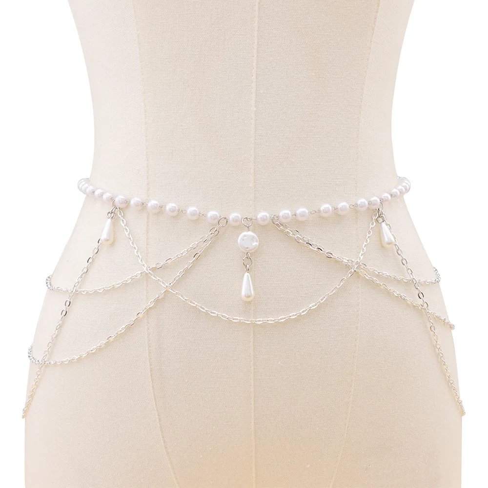 New Vintage Multi layer Chain Belt Fashion Versatile Womens Faux Pearl Tassel Waist Chain
