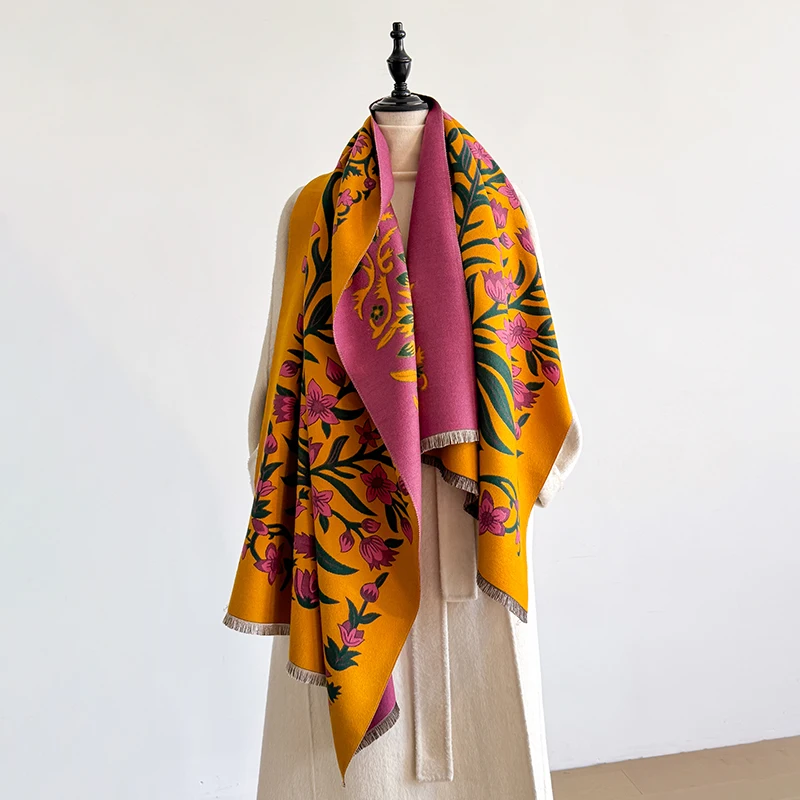 Elegant Women's Floral Jacquard Pashmina Shawl - Winter Thick Warm Double-Sided Tassel Design Coldproof Windproof Blanket Scarf
