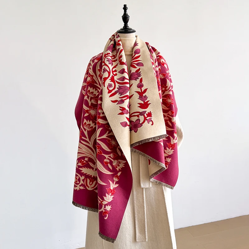 Elegant Women's Floral Jacquard Pashmina Shawl - Winter Thick Warm Double-Sided Tassel Design Coldproof Windproof Blanket Scarf