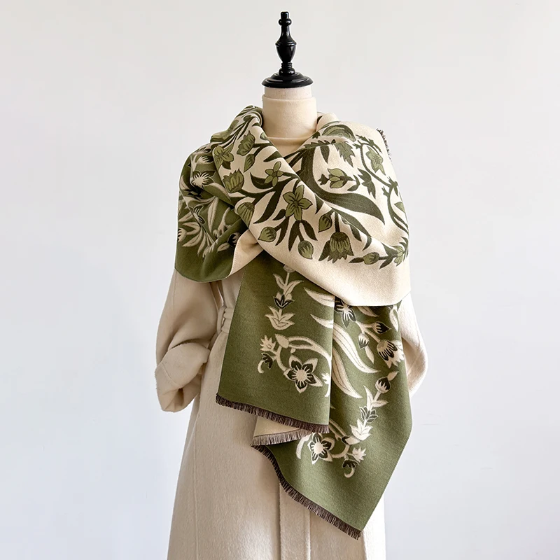 Elegant Women's Floral Jacquard Pashmina Shawl - Winter Thick Warm Double-Sided Tassel Design Coldproof Windproof Blanket Scarf
