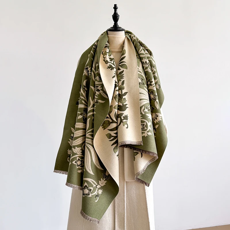 Elegant Women's Floral Jacquard Pashmina Shawl - Winter Thick Warm Double-Sided Tassel Design Coldproof Windproof Blanket Scarf