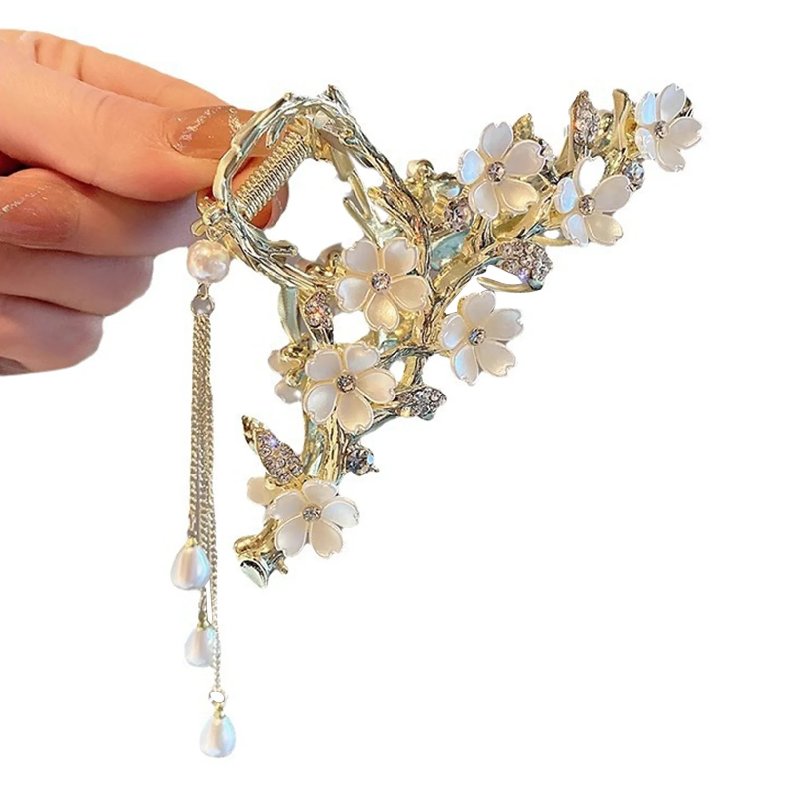 Floral Hair Claw with Tassels Floral Shark Hair Clip for Women Updo Bun Simple Style Stable Grip Claw Clip
