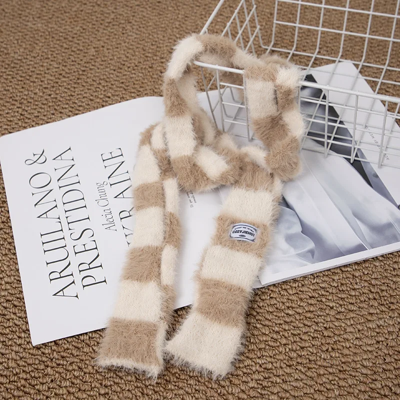 Black And White Striped Plush Scarf Women's Scarves Neck Warmer Girls Versatile Decoration Korean Thin And Narrow Long Tie Scarf