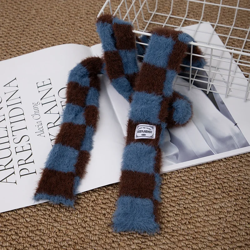 Black And White Striped Plush Scarf Women's Scarves Neck Warmer Girls Versatile Decoration Korean Thin And Narrow Long Tie Scarf