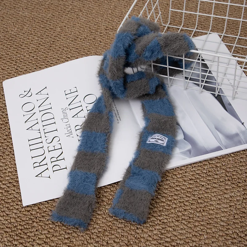 Black And White Striped Plush Scarf Women's Scarves Neck Warmer Girls Versatile Decoration Korean Thin And Narrow Long Tie Scarf