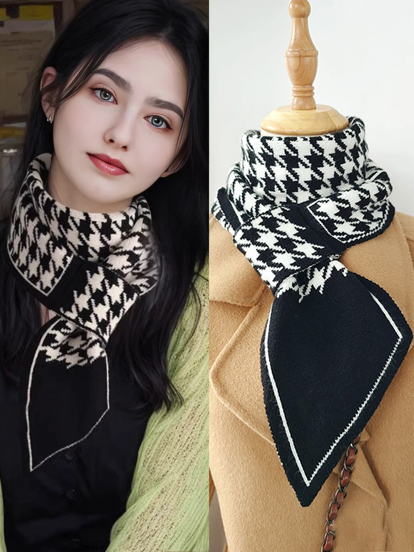 Women Knitted Scarf Autumn Winter Thick Warm Double Knit Instant Scarf Fashion Plaid Angled Scarves Outdoor Triangle Neck Scarf