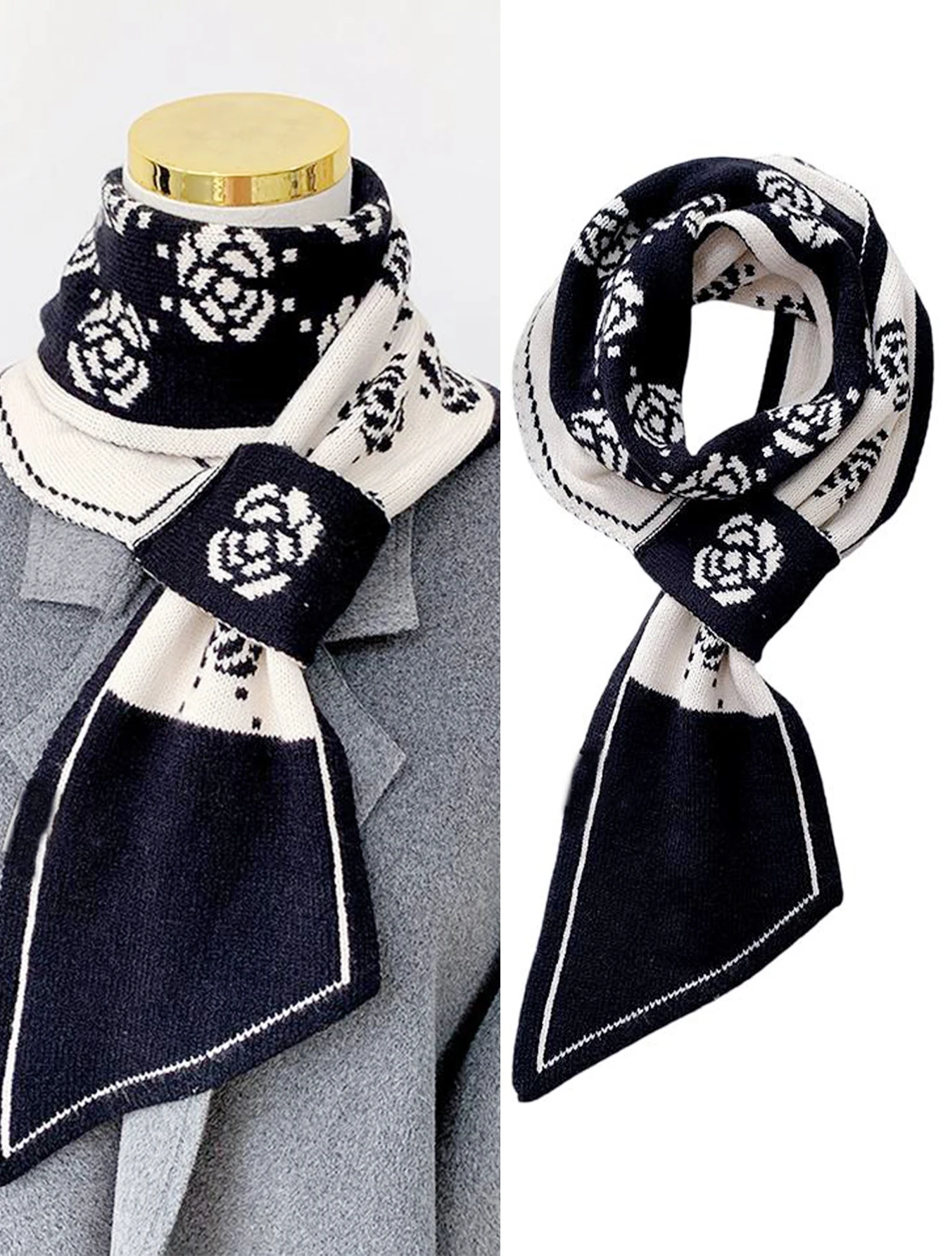 Women Knitted Scarf Autumn Winter Thick Warm Double Knit Instant Scarf Fashion Plaid Angled Scarves Outdoor Triangle Neck Scarf