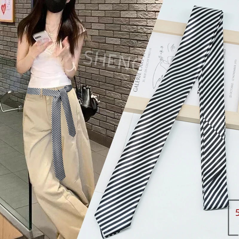 New Trendy Wine Red Black Striped Belt Collocation Many Uses Fit With Jeans Hair Tie Neckerchiefs Daily Wear 7cm Brown Neckties