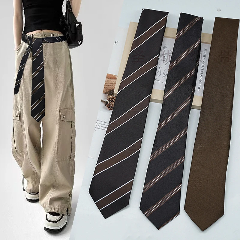 New Trendy Wine Red Black Striped Belt Collocation Many Uses Fit With Jeans Hair Tie Neckerchiefs Daily Wear 7cm Brown Neckties