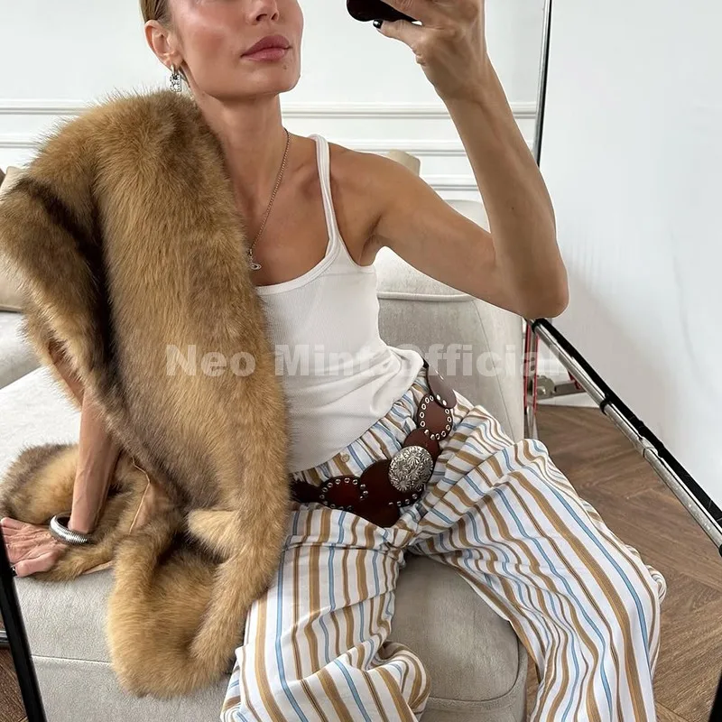 Neo Mint 2025 Brand Fashion Faux Fur Scarf for Woman Autumn Winter Fluffy Striped Eco Fox Fur Neckerchief Luxury Shawl Scarves