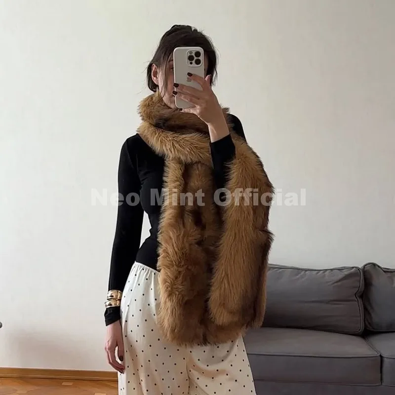 Neo Mint 2025 Brand Fashion Faux Fur Scarf for Woman Autumn Winter Fluffy Striped Eco Fox Fur Neckerchief Luxury Shawl Scarves