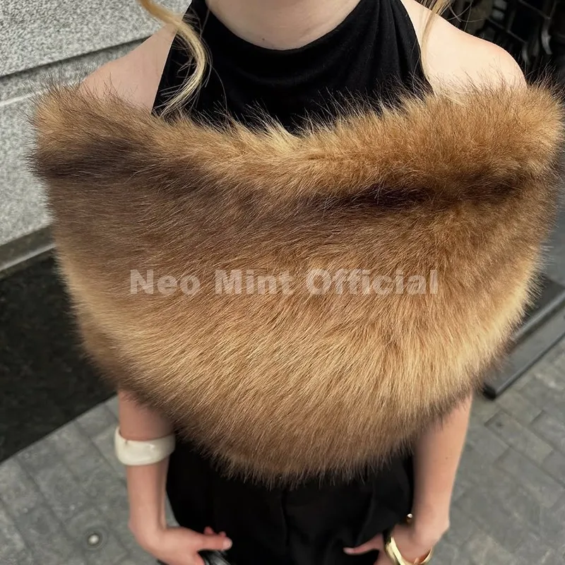Neo Mint 2025 Brand Fashion Faux Fur Scarf for Woman Autumn Winter Fluffy Striped Eco Fox Fur Neckerchief Luxury Shawl Scarves
