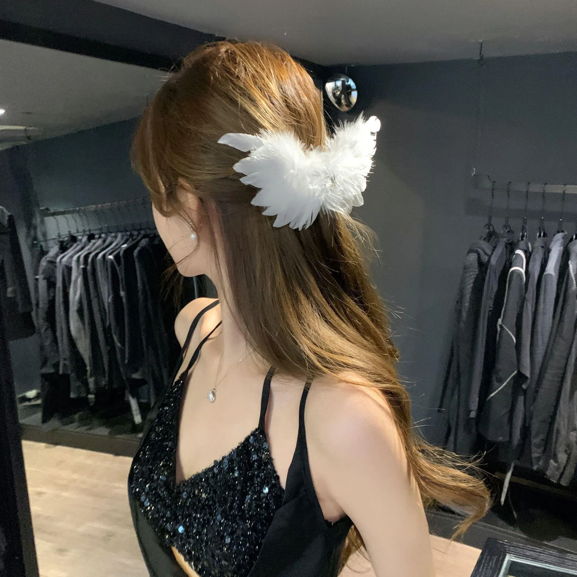 1pc black and white rhinestone heart feather wings hair clip, sweet and cool party hairpin, Halloween hair accessories