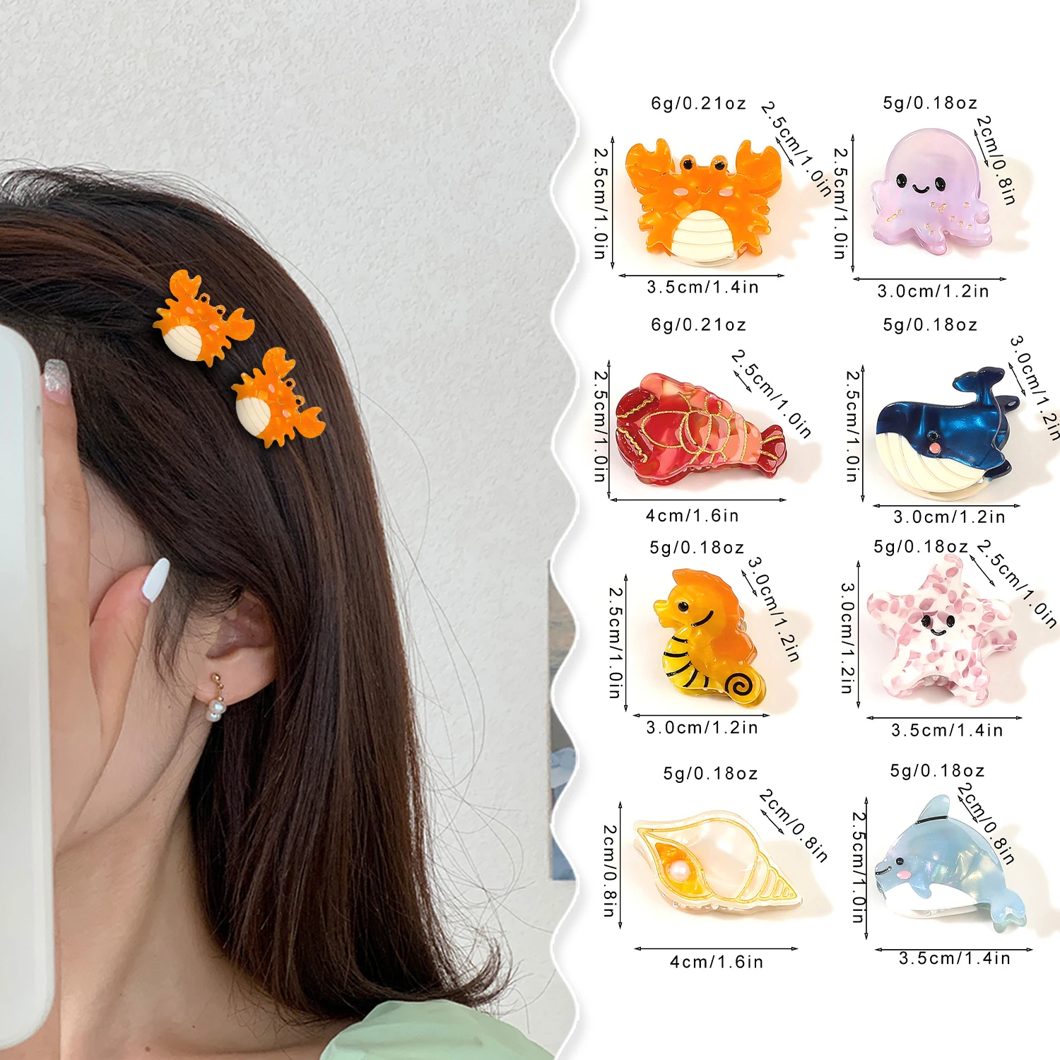 Small Delicate Cute Lovely Acetate Hair Clips Cartoon Whale Seahorse Crab Starfish Hairpins Side Bangs Women Hair Accessories