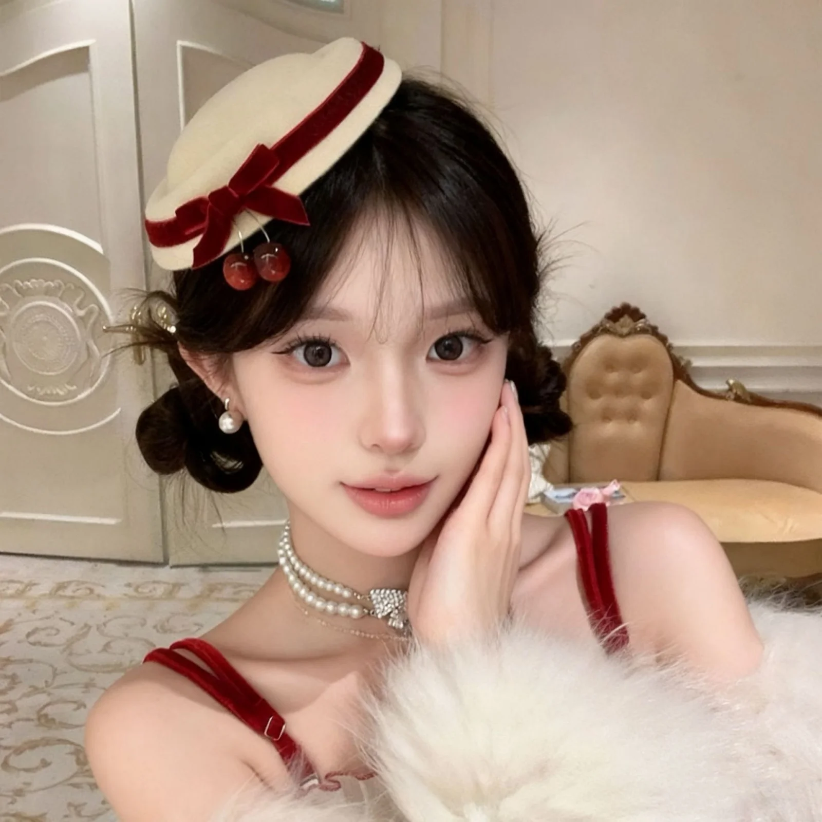 1PC Cream Velvet Cherry Beret Hat, Red Bow Decor Fashion Cap, Elegant Daily Headwear, Stylish Outfit Matching Hat