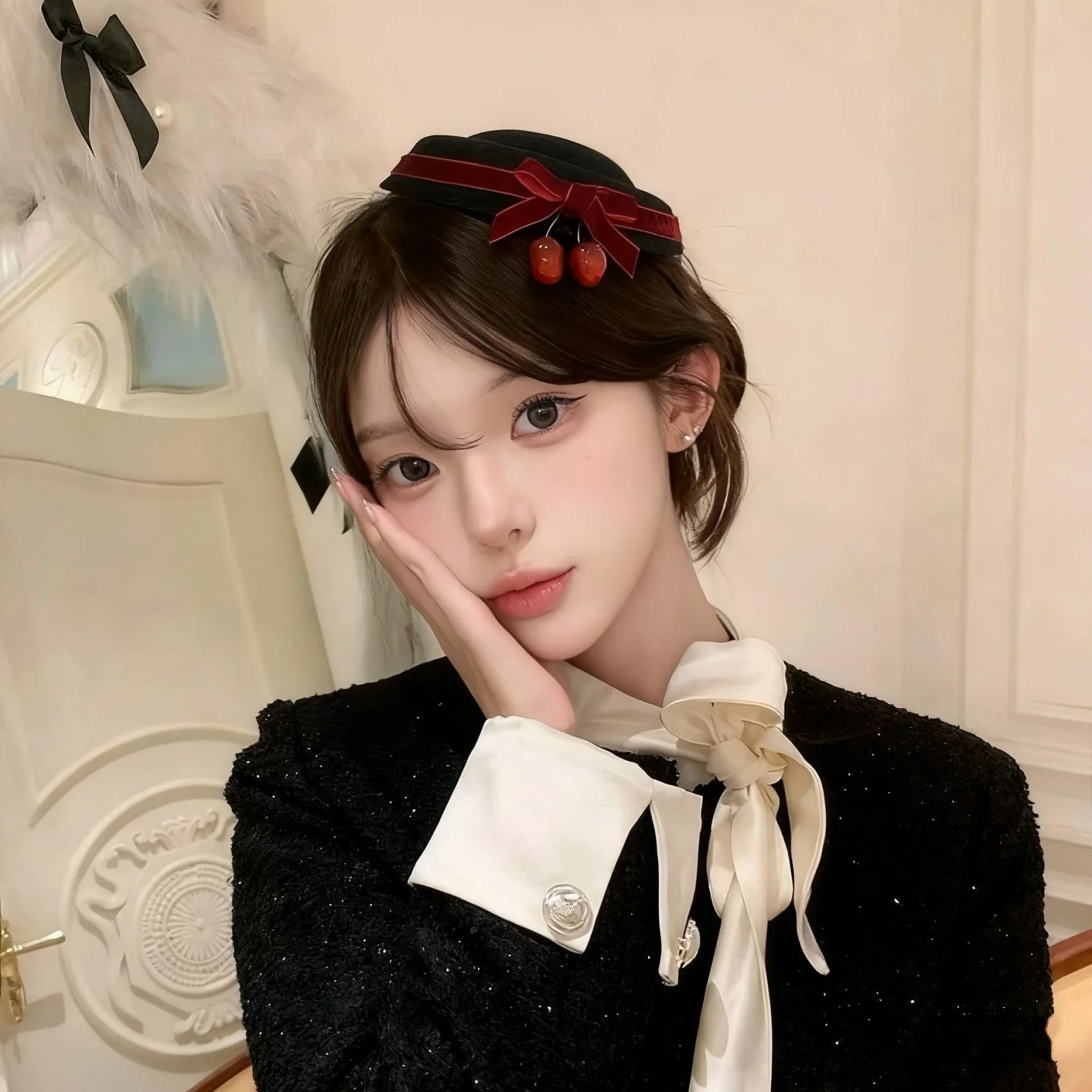 1PC Cream Velvet Cherry Beret Hat, Red Bow Decor Fashion Cap, Elegant Daily Headwear, Stylish Outfit Matching Hat