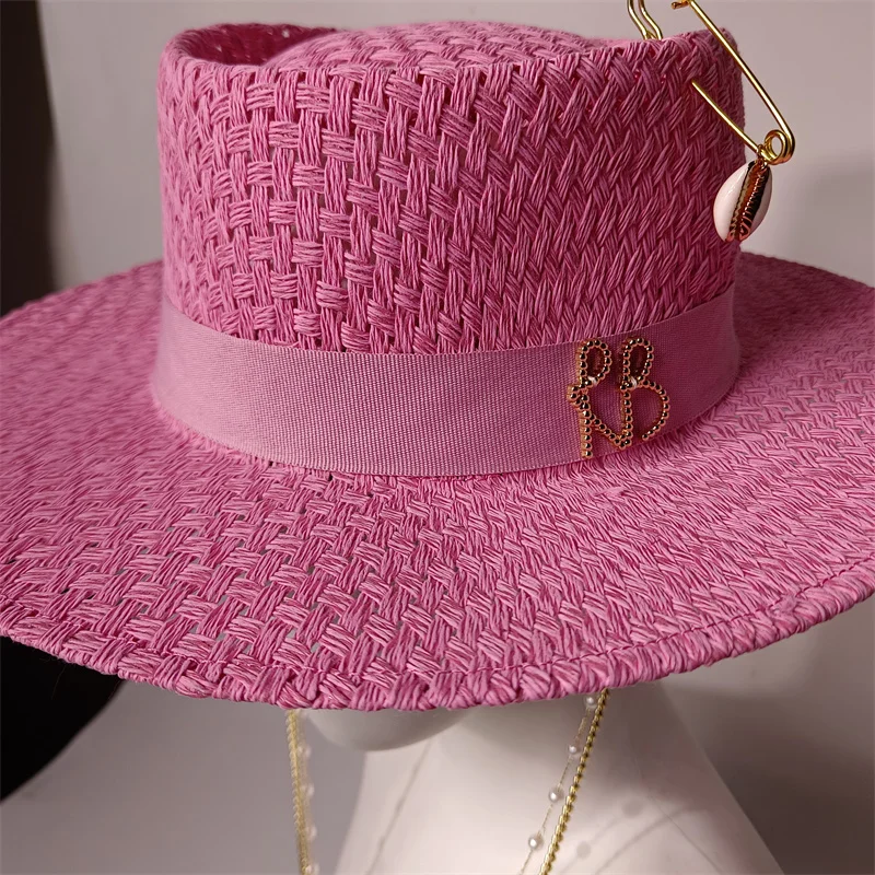 Cherry powder 2026 straw hat pearl chain DIY flat top sun hat new Korean elastic ribbon hat beach hat candy color sun hat