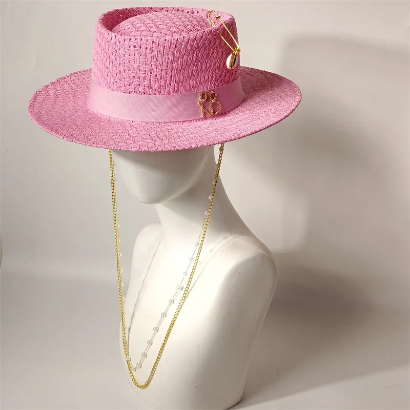 Cherry powder 2026 straw hat pearl chain DIY flat top sun hat new Korean elastic ribbon hat beach hat candy color sun hat
