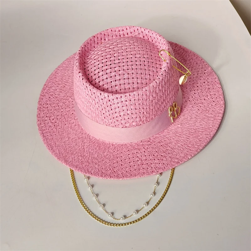 Cherry powder 2026 straw hat pearl chain DIY flat top sun hat new Korean elastic ribbon hat beach hat candy color sun hat