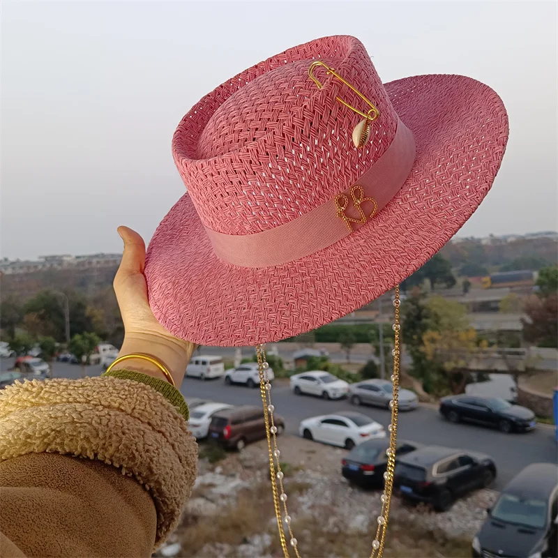 Cherry powder 2026 straw hat pearl chain DIY flat top sun hat new Korean elastic ribbon hat beach hat candy color sun hat