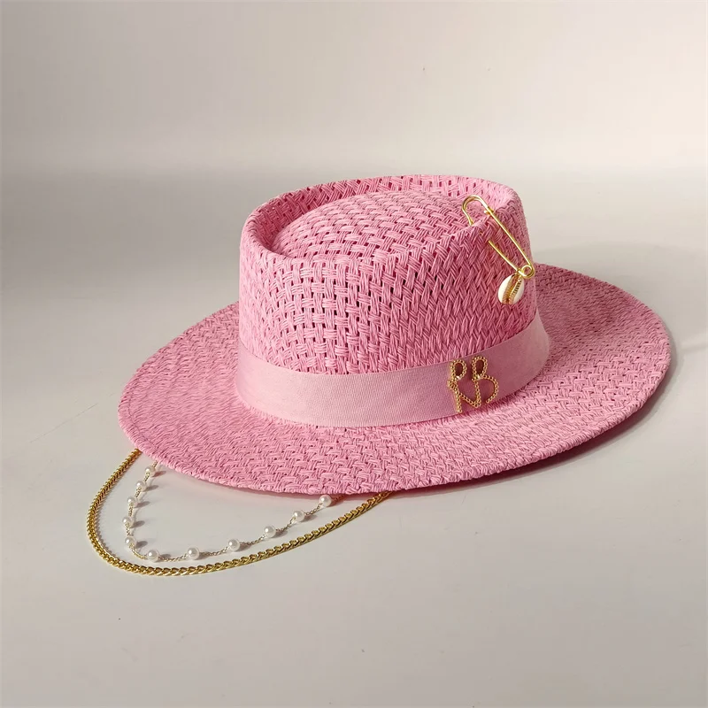 Cherry powder 2026 straw hat pearl chain DIY flat top sun hat new Korean elastic ribbon hat beach hat candy color sun hat