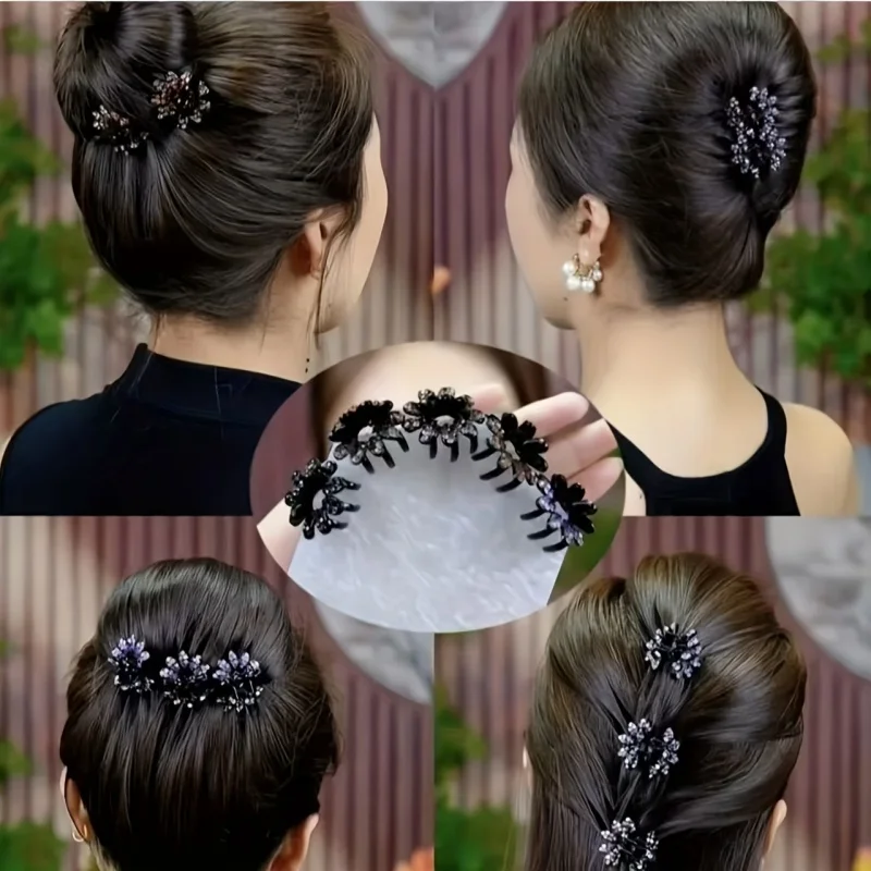 4Pcs Mini Flowers Diamonds Half-Tied Hair Clips High-End Back-Of-Head Bun Hair Claw Clip for Women Headwear Gifts Hair Accessory