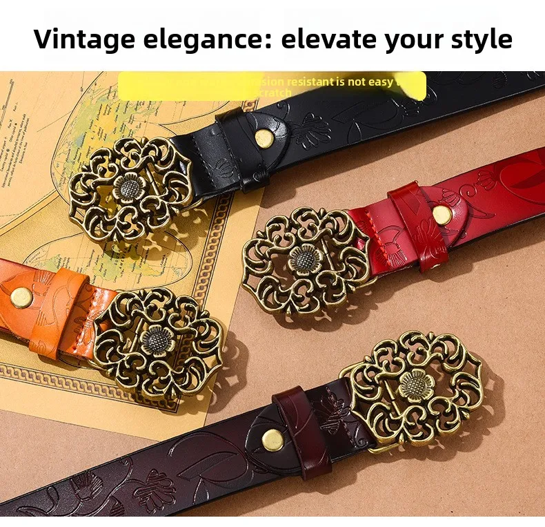 (Factory Direct Sales)Women's Vintage Sunflower Versatile Cowhide Belt for Women Decoration Fashion Jeans Belt