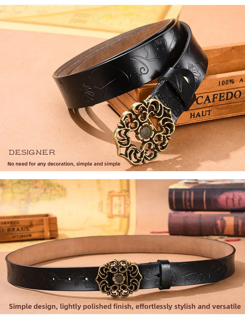 (Factory Direct Sales)Women's Vintage Sunflower Versatile Cowhide Belt for Women Decoration Fashion Jeans Belt