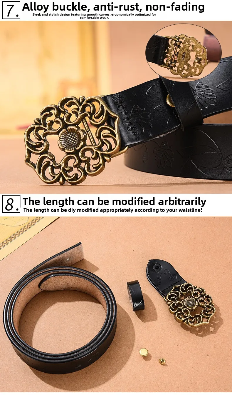 (Factory Direct Sales)Women's Vintage Sunflower Versatile Cowhide Belt for Women Decoration Fashion Jeans Belt
