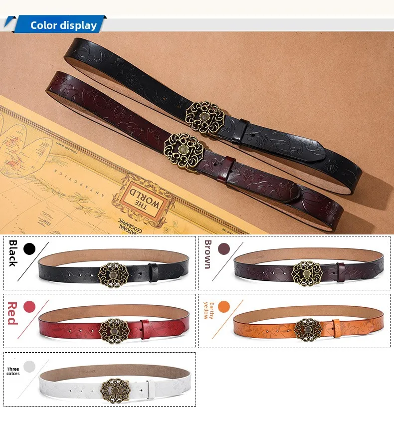 (Factory Direct Sales)Women's Vintage Sunflower Versatile Cowhide Belt for Women Decoration Fashion Jeans Belt