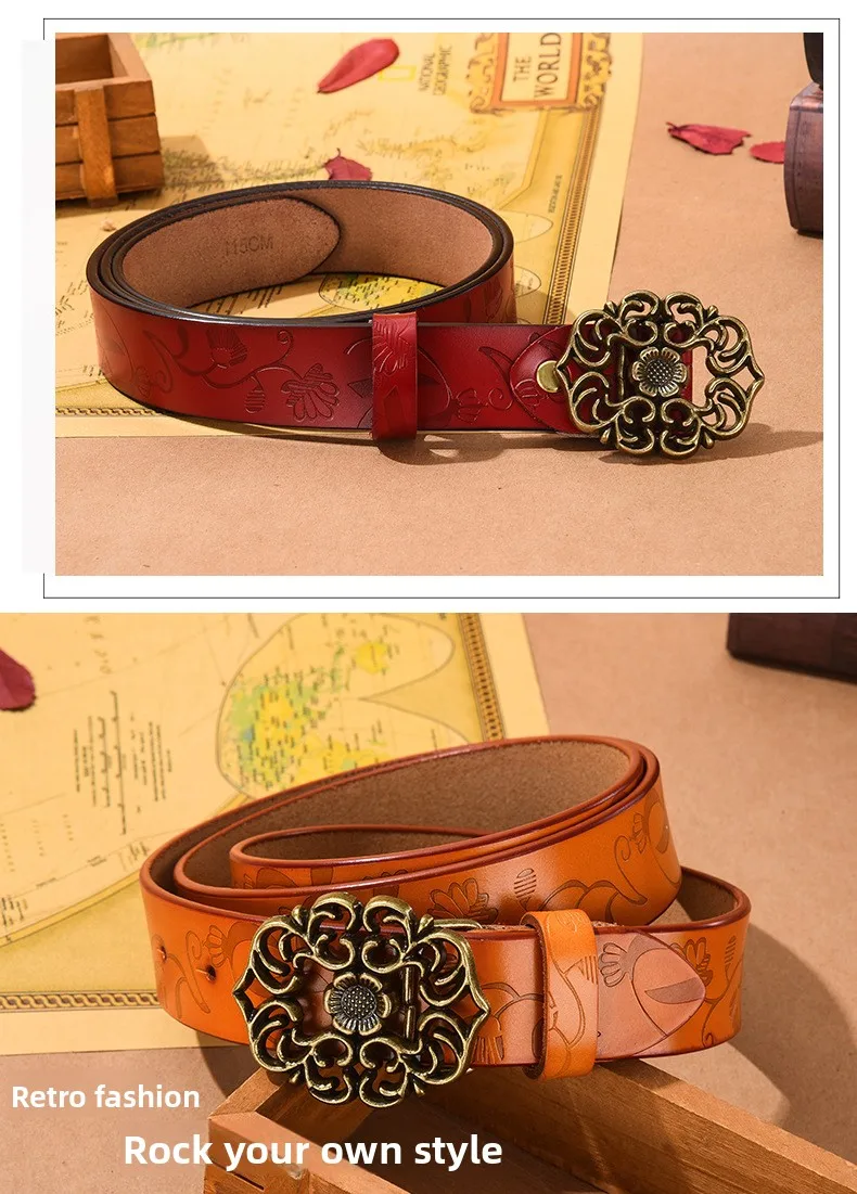 (Factory Direct Sales)Women's Vintage Sunflower Versatile Cowhide Belt for Women Decoration Fashion Jeans Belt
