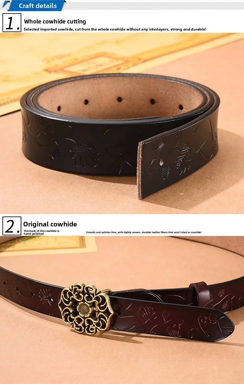(Factory Direct Sales)Women's Vintage Sunflower Versatile Cowhide Belt for Women Decoration Fashion Jeans Belt