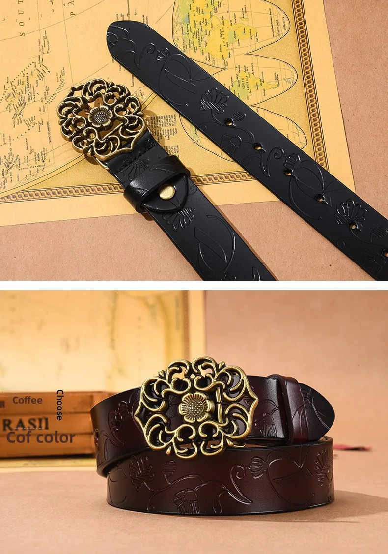 (Factory Direct Sales)Women's Vintage Sunflower Versatile Cowhide Belt for Women Decoration Fashion Jeans Belt