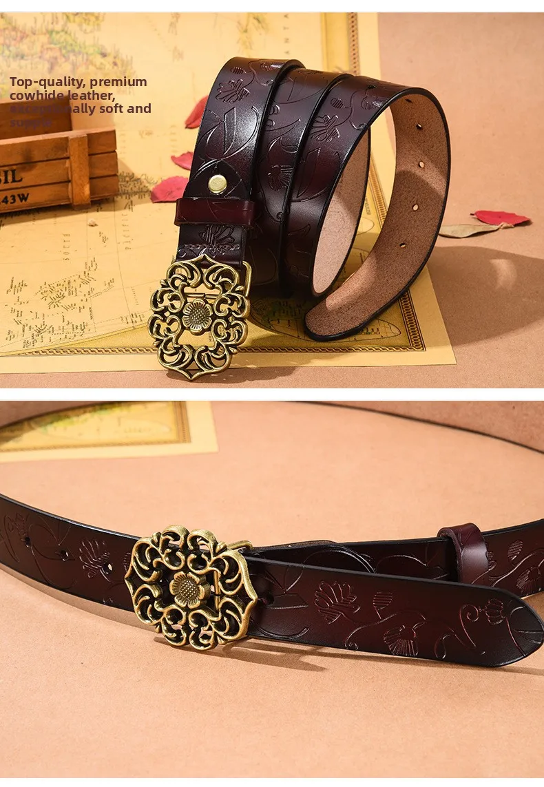(Factory Direct Sales)Women's Vintage Sunflower Versatile Cowhide Belt for Women Decoration Fashion Jeans Belt
