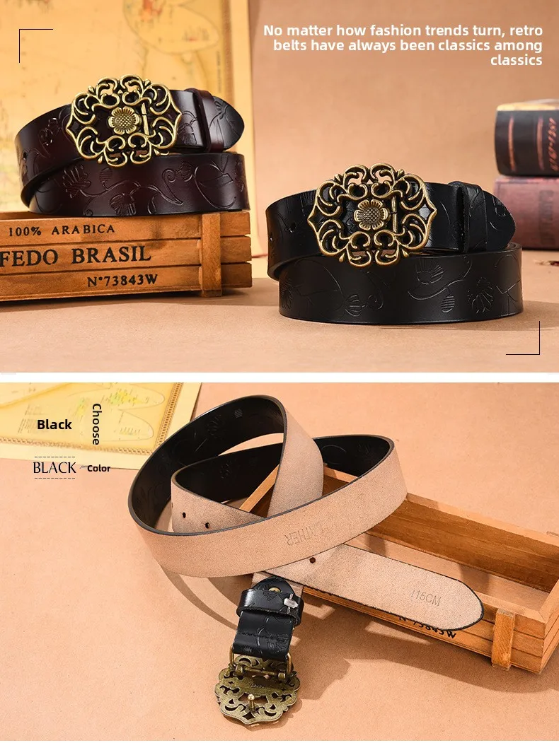 (Factory Direct Sales)Women's Vintage Sunflower Versatile Cowhide Belt for Women Decoration Fashion Jeans Belt