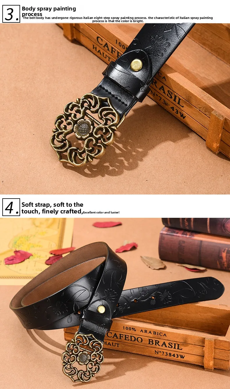(Factory Direct Sales)Women's Vintage Sunflower Versatile Cowhide Belt for Women Decoration Fashion Jeans Belt