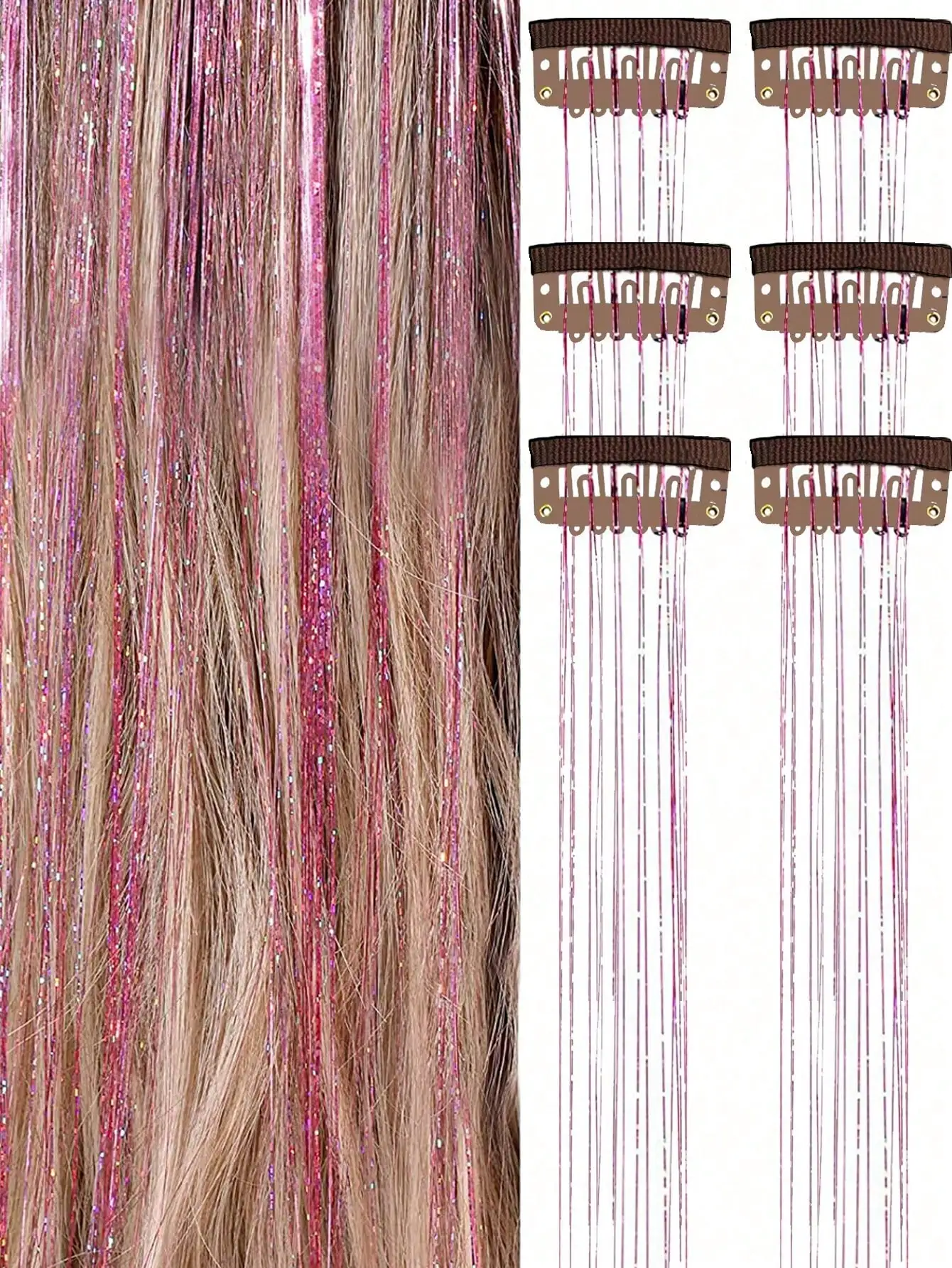 1/6 Pcs Women's Fashion Glitter Multicolor Hair Clips with Wig Strands, Perfect for Parties & Festivals