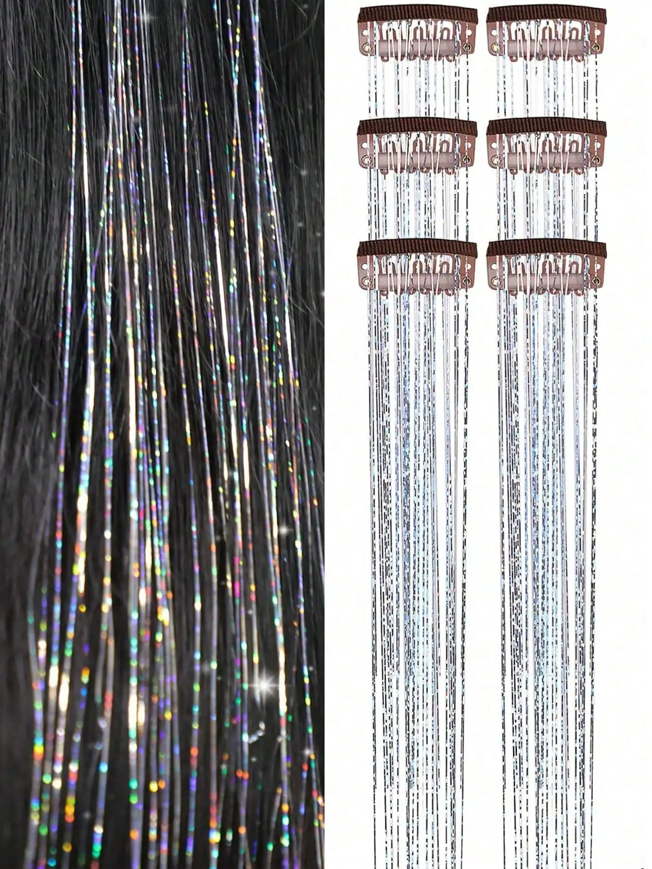 1/6 Pcs Women's Fashion Glitter Multicolor Hair Clips with Wig Strands, Perfect for Parties & Festivals
