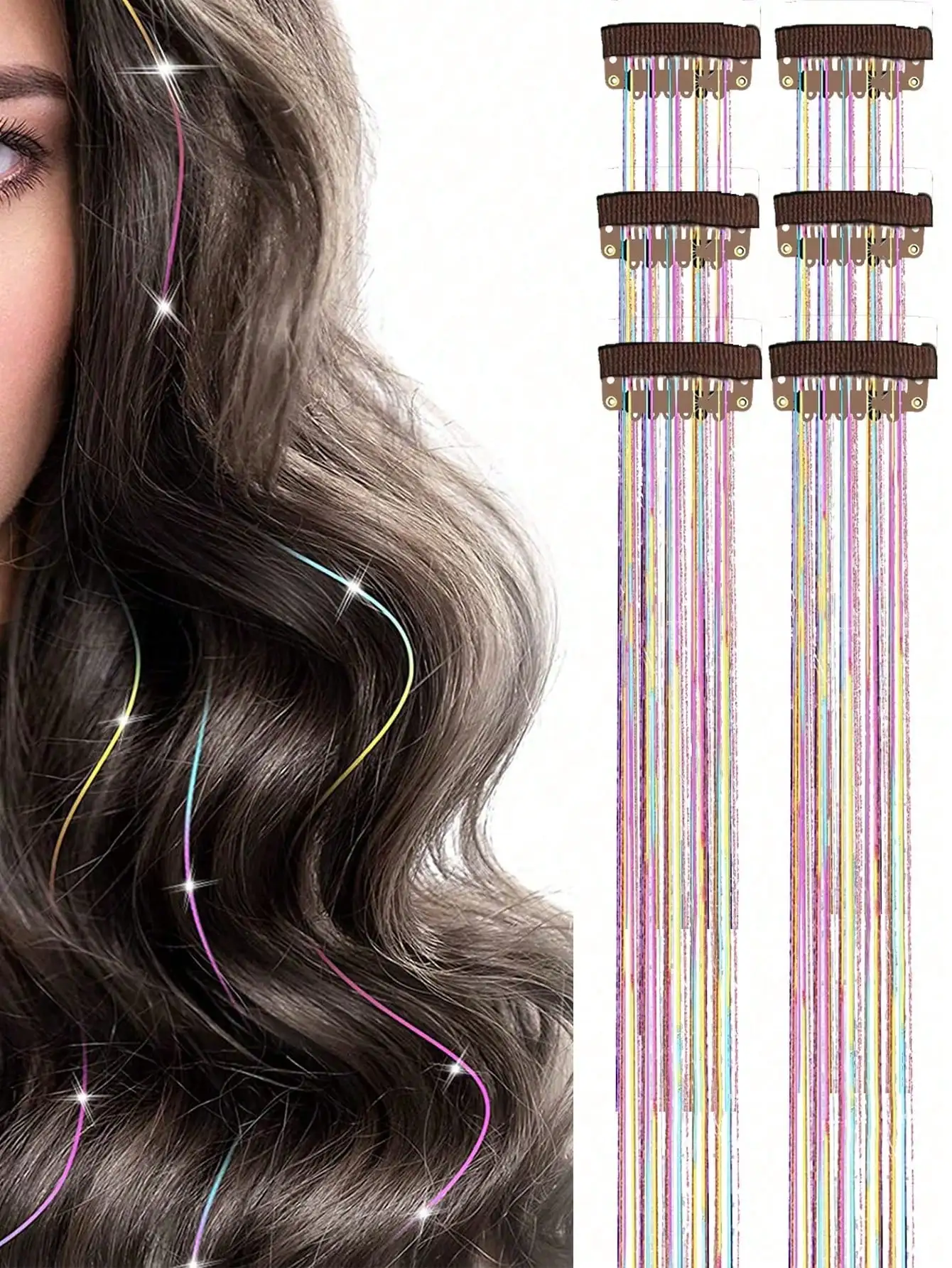 1/6 Pcs Women's Fashion Glitter Multicolor Hair Clips with Wig Strands, Perfect for Parties & Festivals