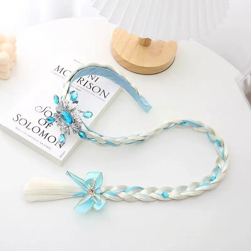Princess Dress up Wigs, Princess Rapunzel Or Elsa Snowflake Long Braided Wig Headbands Adorn for Girls Costume Accessories