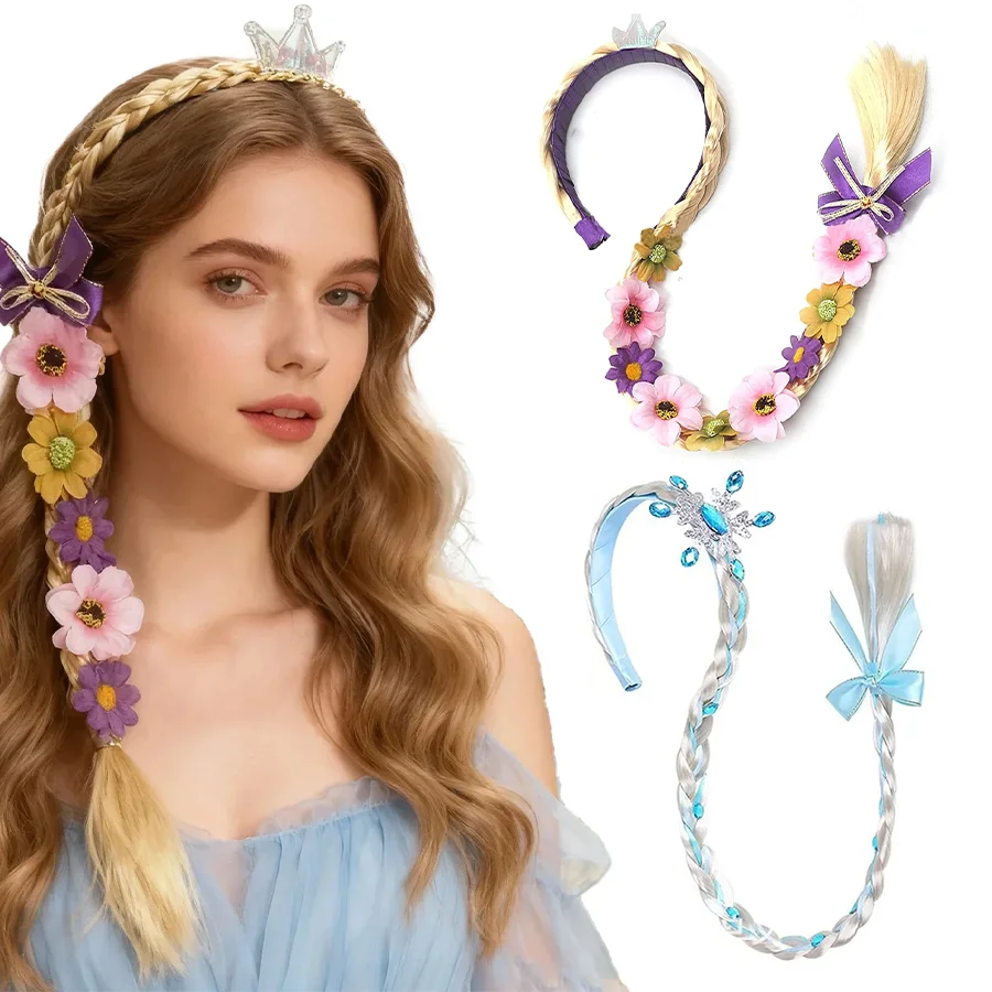 Princess Dress up Wigs, Princess Rapunzel Or Elsa Snowflake Long Braided Wig Headbands Adorn for Girls Costume Accessories