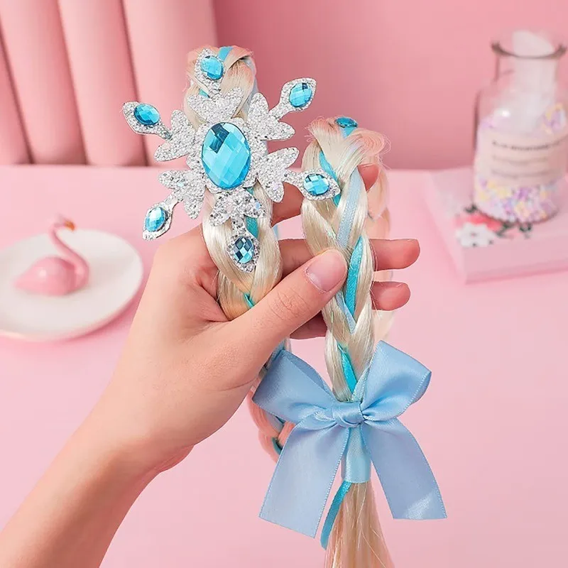 Princess Dress up Wigs, Princess Rapunzel Or Elsa Snowflake Long Braided Wig Headbands Adorn for Girls Costume Accessories