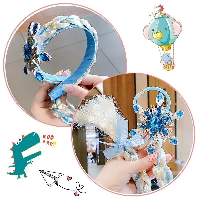 Princess Dress up Wigs, Princess Rapunzel Or Elsa Snowflake Long Braided Wig Headbands Adorn for Girls Costume Accessories