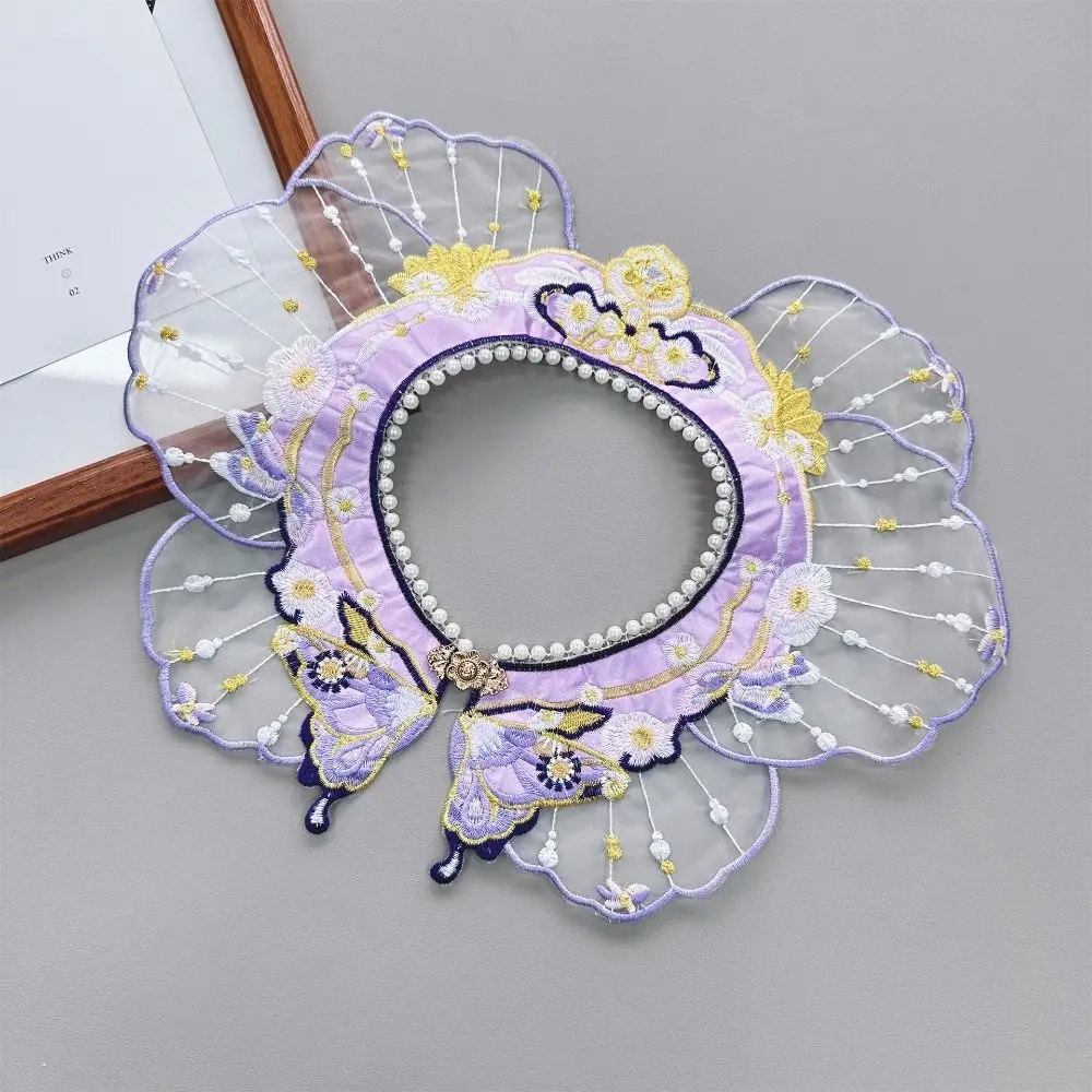 Embroidery Decoration Hanfu Shawl Butterfly Traditional False Floral Yunjian Pearl Round Neck Kids Shirt False Collar