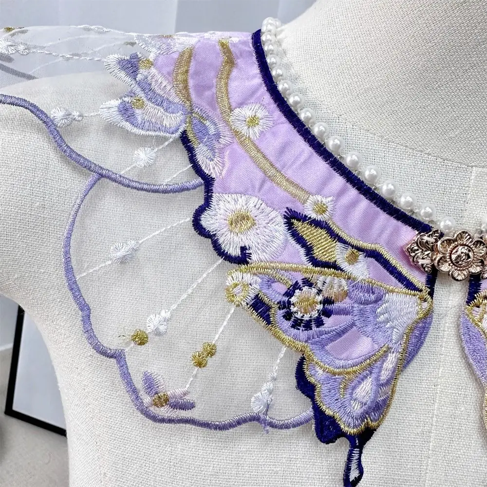 Embroidery Decoration Hanfu Shawl Butterfly Traditional False Floral Yunjian Pearl Round Neck Kids Shirt False Collar