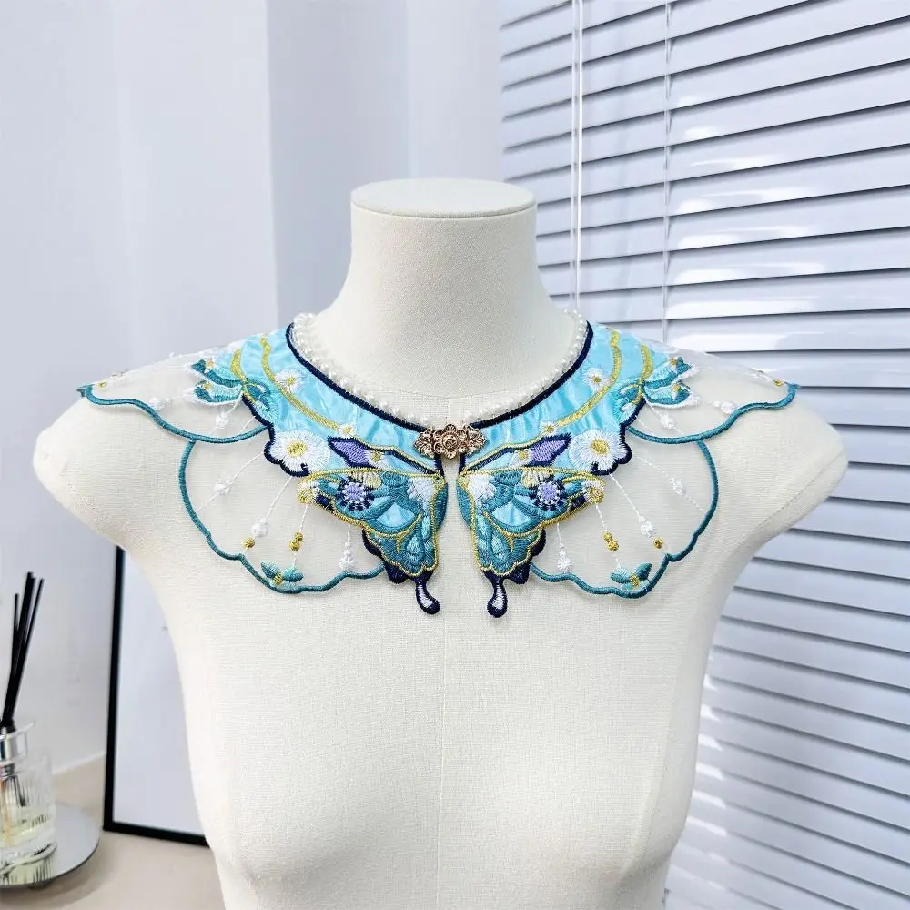 Embroidery Decoration Hanfu Shawl Butterfly Traditional False Floral Yunjian Pearl Round Neck Kids Shirt False Collar
