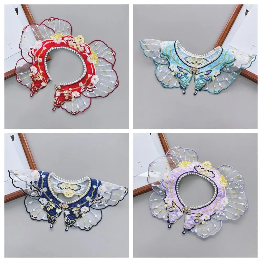 Embroidery Decoration Hanfu Shawl Butterfly Traditional False Floral Yunjian Pearl Round Neck Kids Shirt False Collar