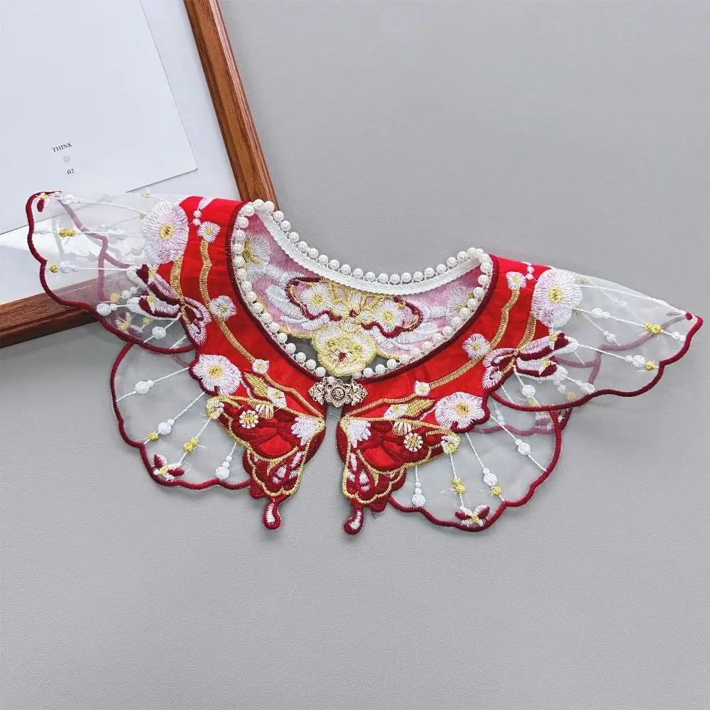 Embroidery Decoration Hanfu Shawl Butterfly Traditional False Floral Yunjian Pearl Round Neck Kids Shirt False Collar
